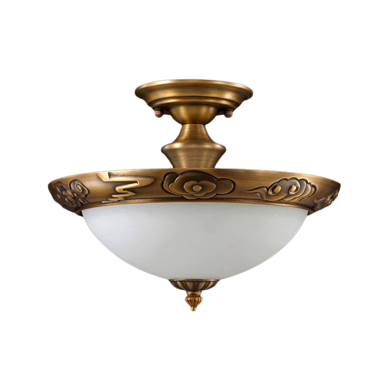 Bronze Semi Flush Led Ceiling Light With Milk Glass Bowl And Carved Edge