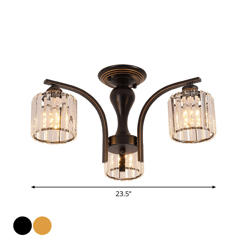 Rural Black/Gold Cylinder Ceiling Light With Crystal Accents For Dining Room