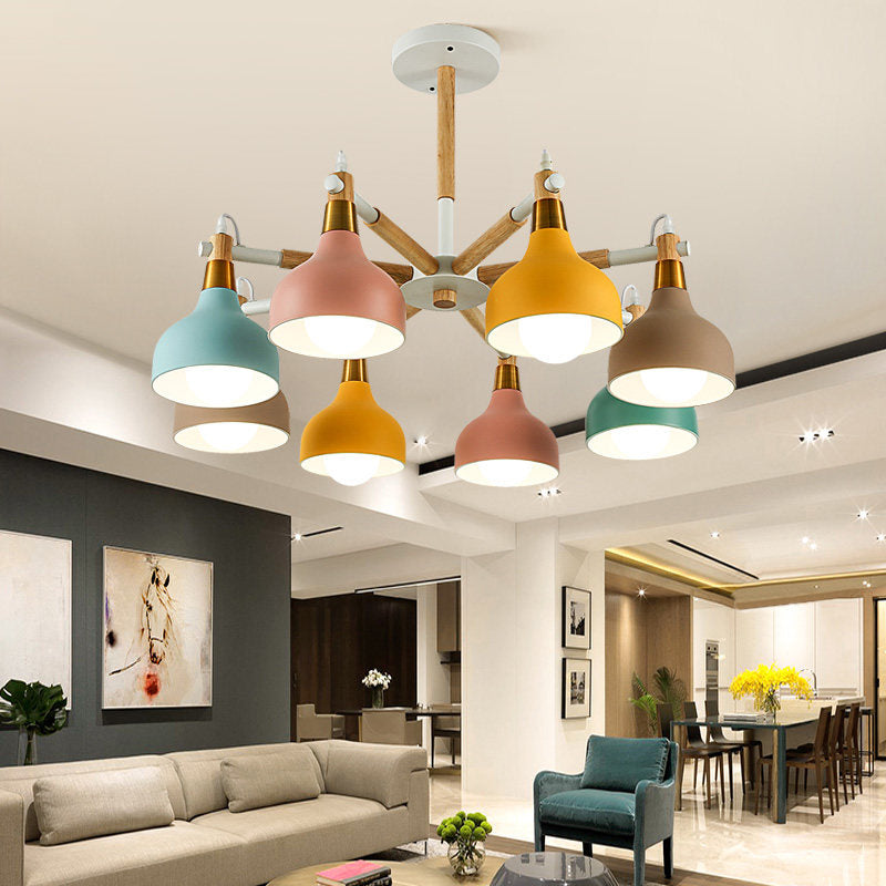 Nursing Room Chandelier: Torch Shaped Metal Pendant Light With 8-Bulb Macaron Style