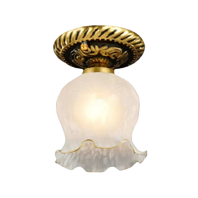 Small Rustic Brass Floral Flushmount Ceiling Light For Hallway - Frosted White Glass