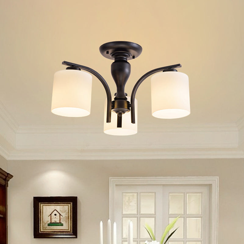 Vintage Semi-Mount Ceiling Light In Black With White Glass Cylinder - 3/5/8 Lights For Living Room 3