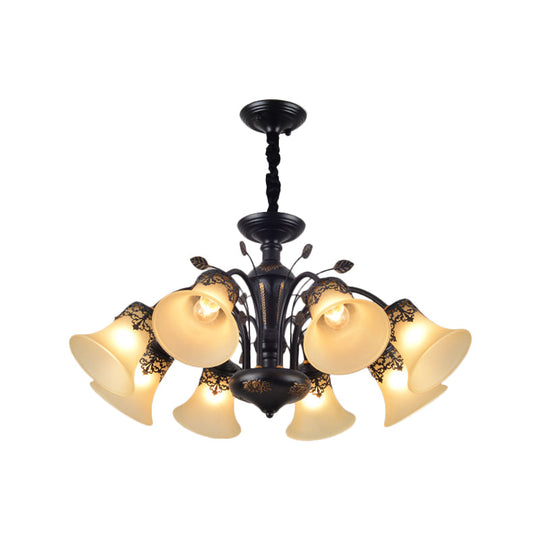 Frosted Glass Morning Glory Chandelier - Farmhouse Ceiling Pendant (3/6/8 Lights) in Black/White for Living Room