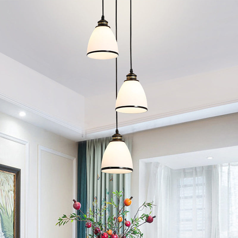Ivory Glass Bell Pendant Light Cluster With Minimalist Design And Black Canopy - 3 Lights / Round