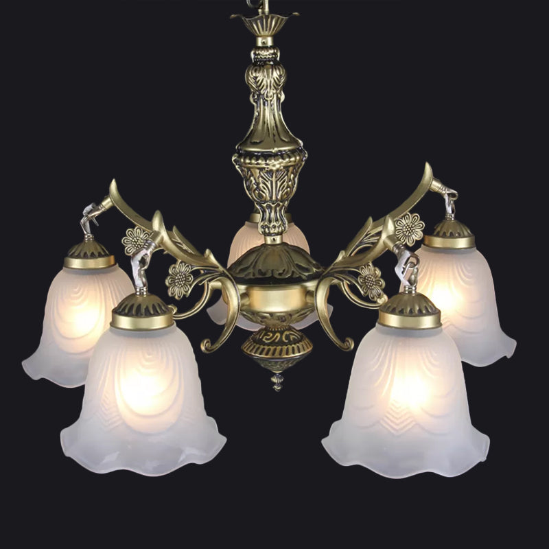 Vintage Bronze Floral Down Chandelier With Frosted Glass - 5-Bulb Dining Room Lamp