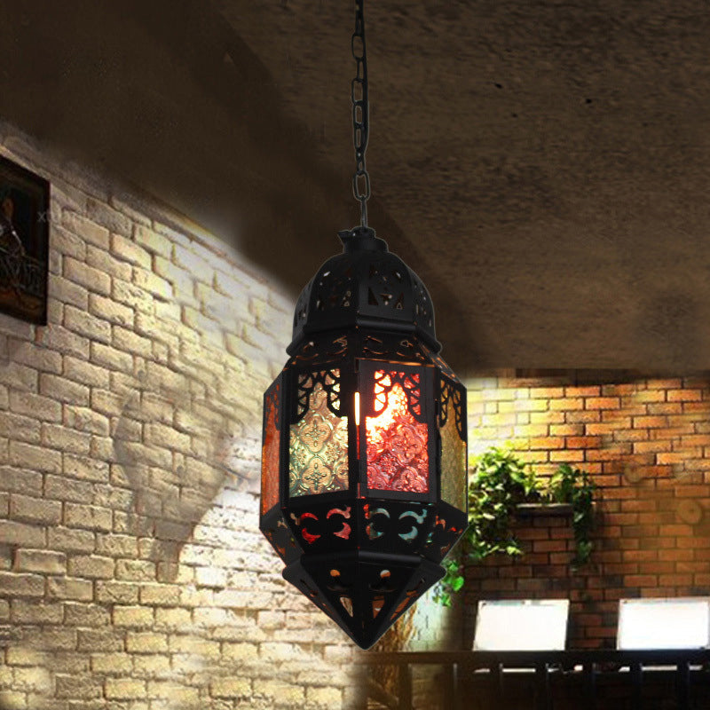 Moroccan Censer Stained Glass Ceiling Lantern - Down Lighting Pendant 1-Light Black