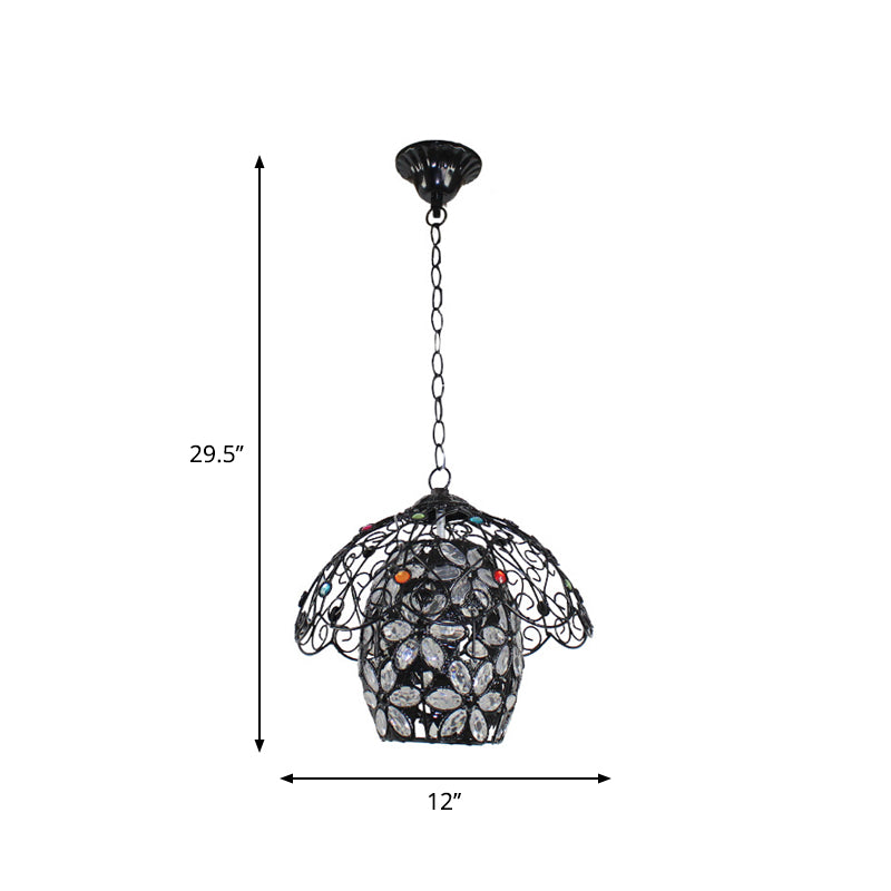 Rustic Iron Pendant Ceiling Light With Colorful Bead Decor - Barrel/Lantern/Scalloped Design