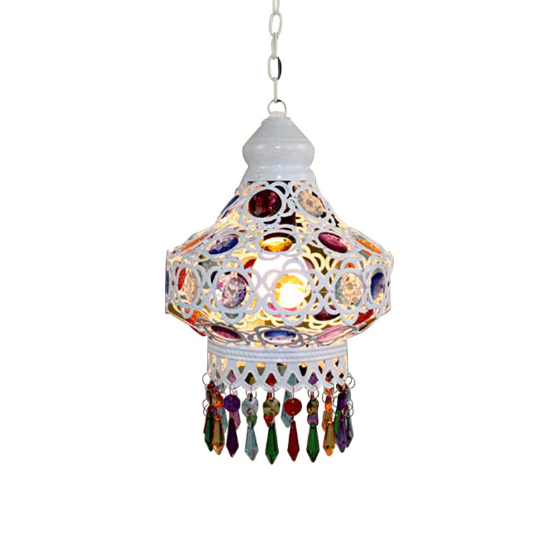 Arabic Style White Metal Pendant Lamp With Fringe Trim - 1-Bulb Beaded Pear Shaped Hanging Light