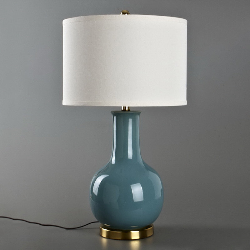 Modern Fabric Drum Table Lamp With Ceramic Base In White/Red/Blue For Living Room Night Stand