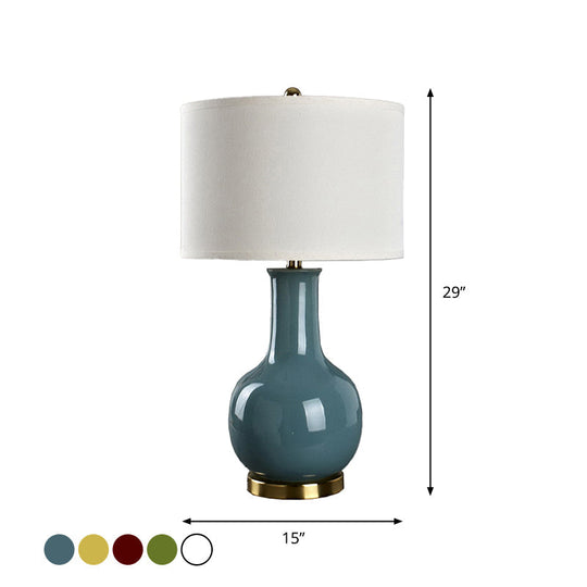 Modern Fabric Drum Table Lamp With Ceramic Base In White/Red/Blue For Living Room Night Stand