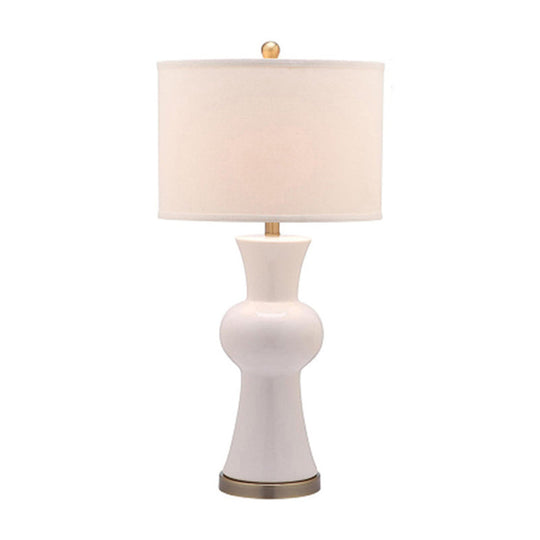 Ceramic Night Lamp Modern Table Light With Drum Lampshade - White/Royal Blue/Burgundy White