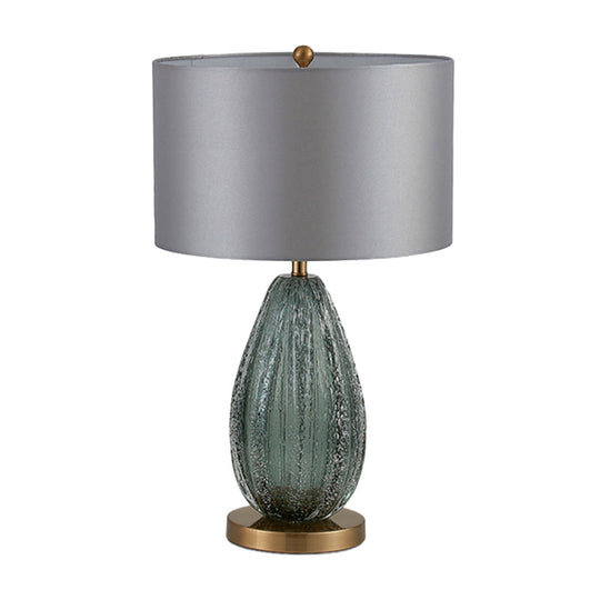 Modern Blue Seeded Glass Ellipse Night Lamp - Grey Table Light With Drum Fabric Shade (12/15 W) / 12