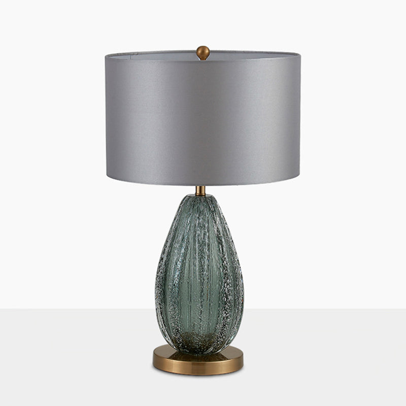 Modern Blue Seeded Glass Ellipse Night Lamp - Grey Table Light With Drum Fabric Shade (12/15 W)