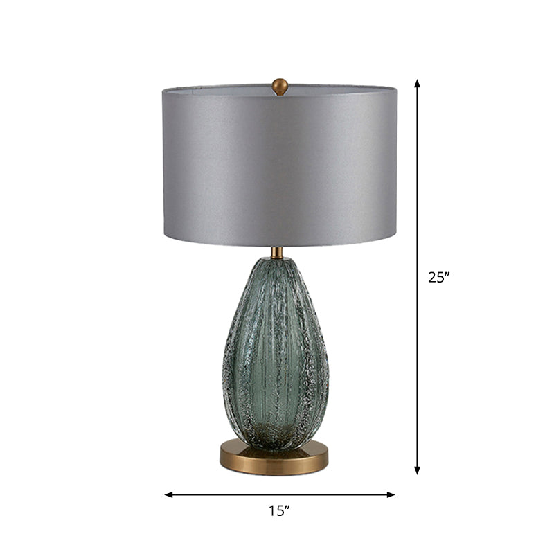 Modern Blue Seeded Glass Ellipse Night Lamp - Grey Table Light With Drum Fabric Shade (12/15 W)