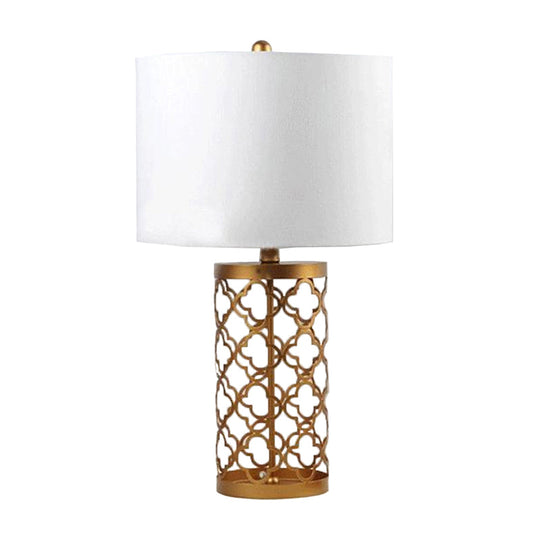 Quatrefoil Night Stand Table Lamp - Minimalistic Metal Design With White Cylinder Shade 14/15 Width