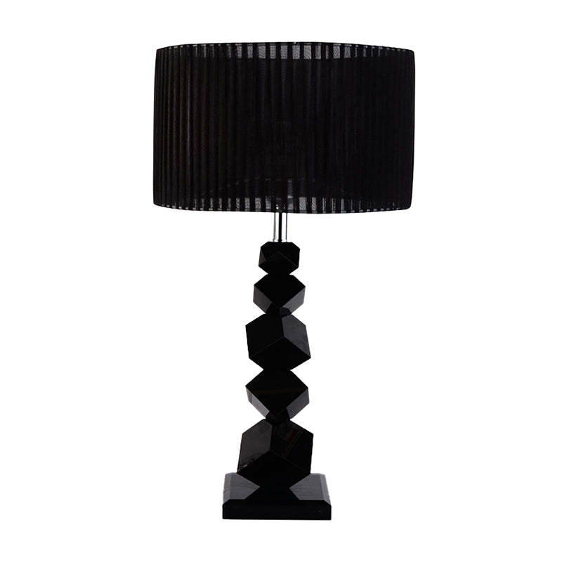 Black Drum Nightstand Lamp: Modern 12/13 W Single Pleated Table Light With Rock Pedestal