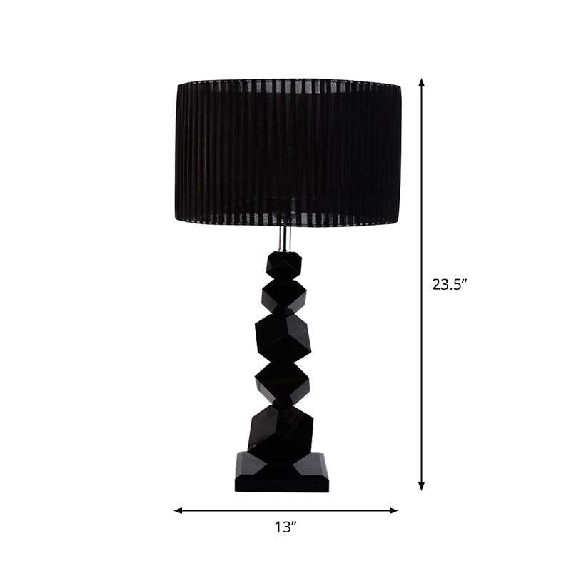 Black Drum Nightstand Lamp: Modern 12/13 W Single Pleated Table Light With Rock Pedestal
