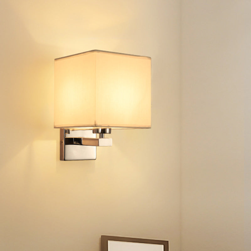 Nordic Style Beige Cube Wall Light - 1 Head Fabric Mounted Fixture For Bedroom White