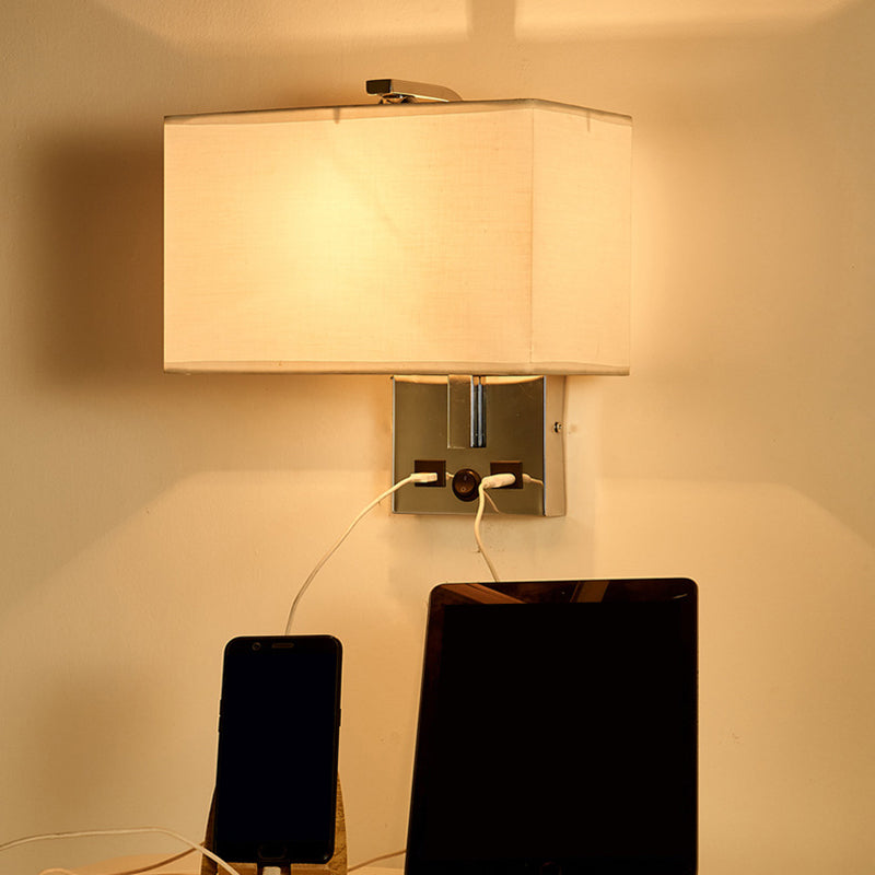 Minimalist Rectangle Wall Light Kit With Usb Port - Single-Bulb Beige/Black/White Fabric Lamp