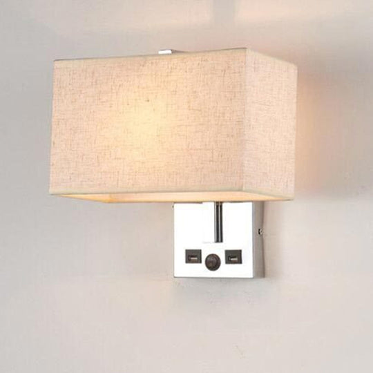Minimalist Rectangle Wall Light Kit With Usb Port - Single-Bulb Beige/Black/White Fabric Lamp Beige