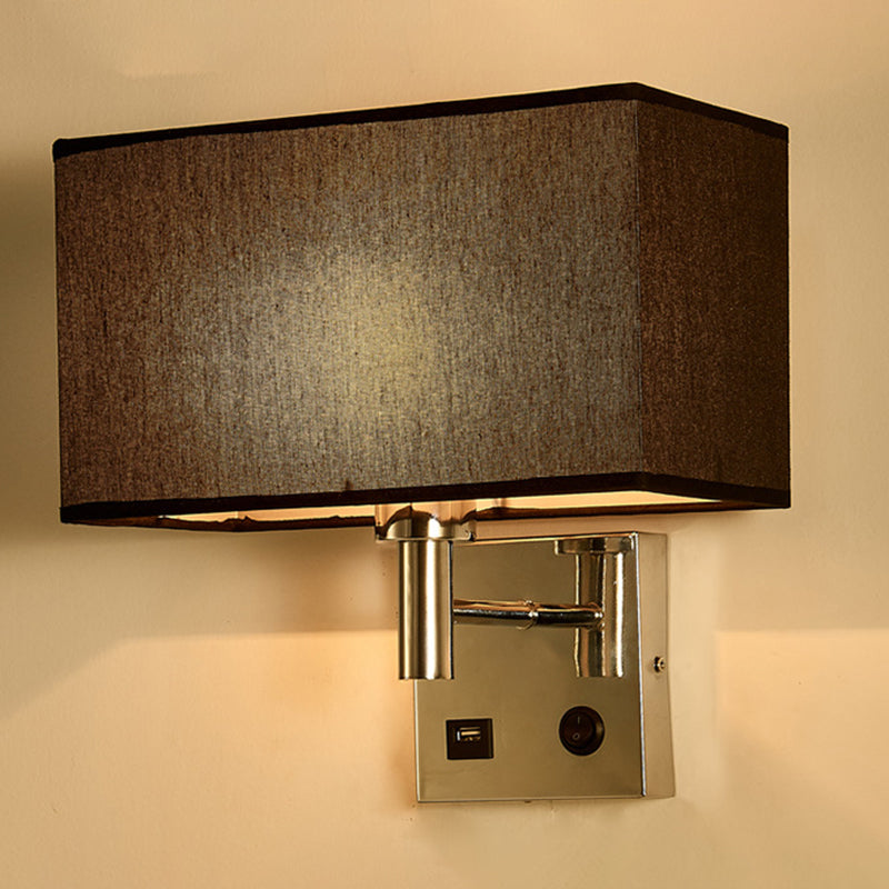 Sleek Beige/Black/White Rectangle Wall Lamp - Simplicity 1-Head Fabric Bedside Lighting