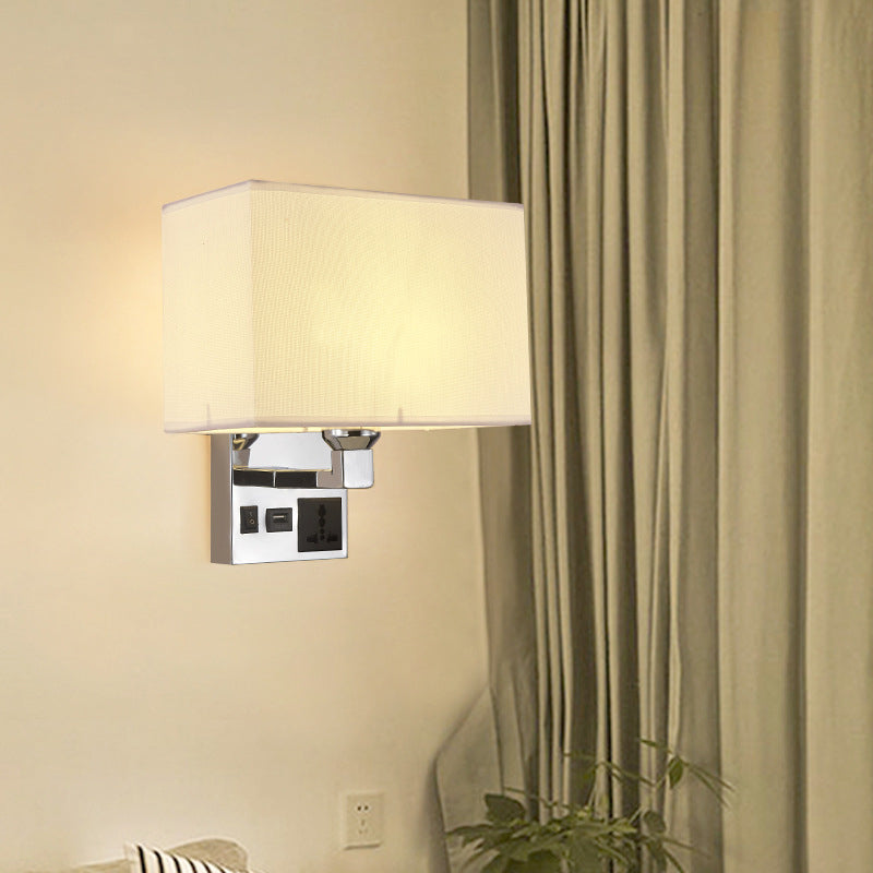 Simple Single White/Flaxen Fabric Rectangle Wall Light With Usb Charging Port And 3-Hole Socket