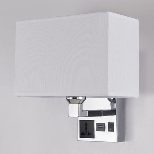 Simple Single White/Flaxen Fabric Rectangle Wall Light With Usb Charging Port And 3-Hole Socket
