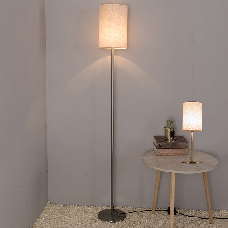 Simplicity Chrome Cylinder Floor Lamp - Single-Bulb Fabric Standing Light For Bedroom