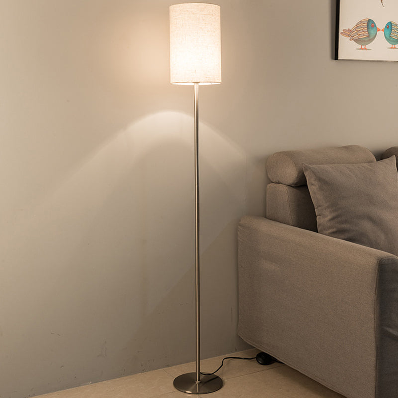Simplicity Chrome Cylinder Floor Lamp - Single-Bulb Fabric Standing Light For Bedroom