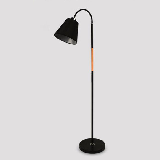Nordic Single Floor Lamp - Black/White & Wood Gooseneck Standing Light With Cone Shade