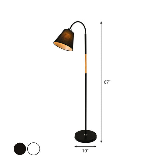 Nordic Single Floor Lamp - Black/White & Wood Gooseneck Standing Light With Cone Shade
