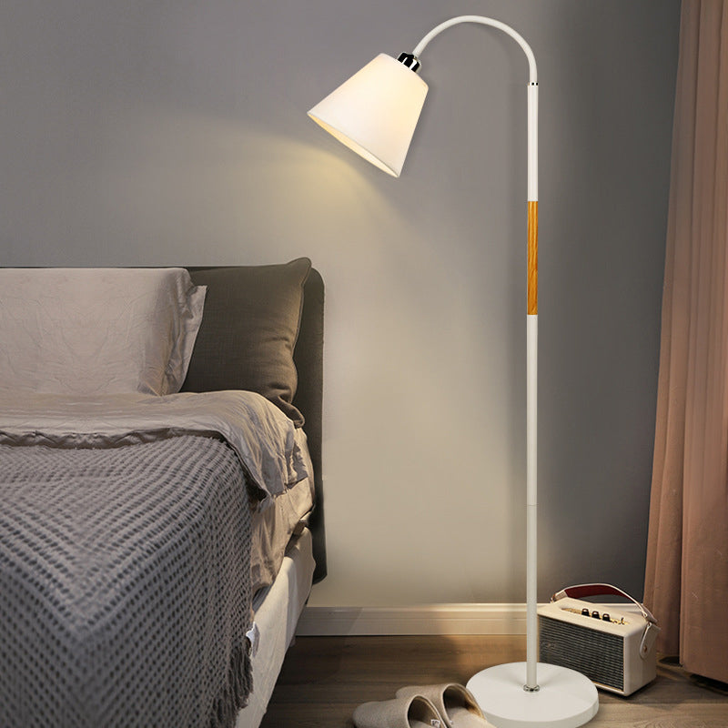 Nordic Single Floor Lamp - Black/White & Wood Gooseneck Standing Light With Cone Shade White