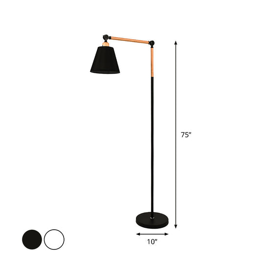 Nordic Swing Arm Wood Floor Reading Lamp With Cone Fabric Shade - Black/White