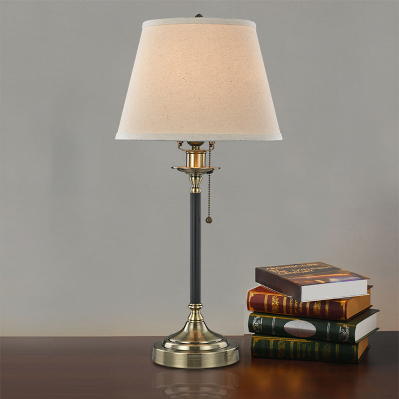 Minimalist White Table Lamp With Pull-Chain: 1-Bulb Dining Room Night Light Tapered Fabric Shade