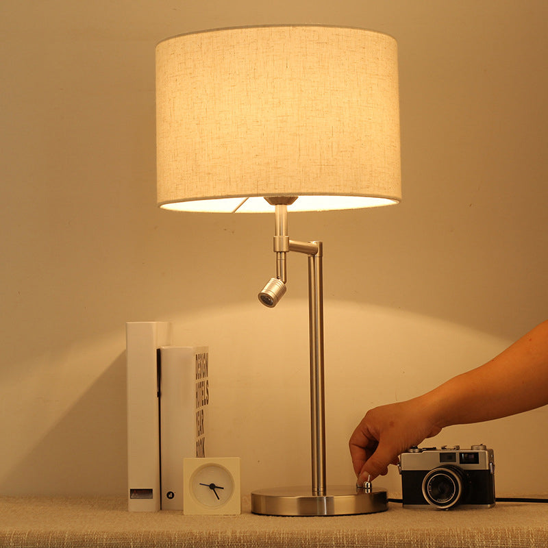 Minimalist White Nightstand Light With Swivelable Spotlight - Fabric Drum Shaped Table Lighting