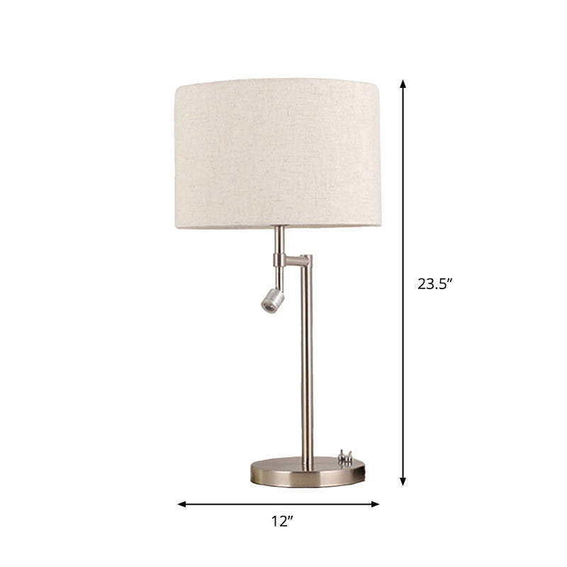Minimalist White Nightstand Light With Swivelable Spotlight - Fabric Drum Shaped Table Lighting