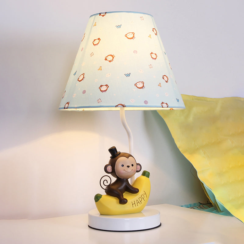 Kids Bedroom Fabric Floral Table Light With Monkey Cartoon Reading Lamp In Beige
