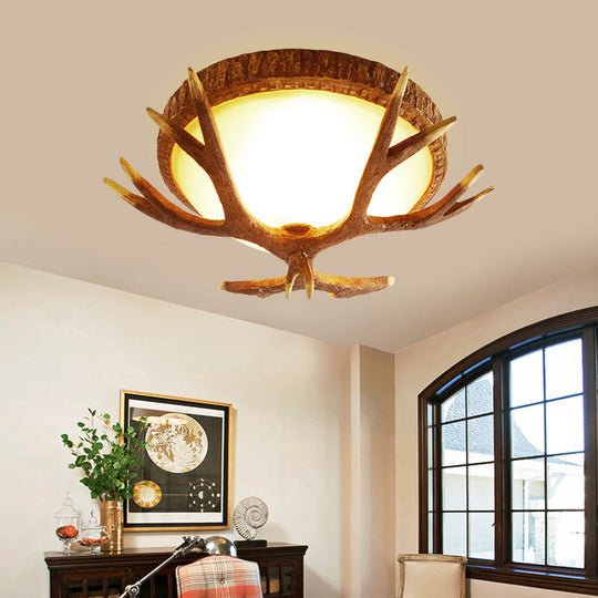 Elk Antler 3-Light Wood Brown Flush Mount Ceiling Fixture With Domed Glass Shade - Traditional