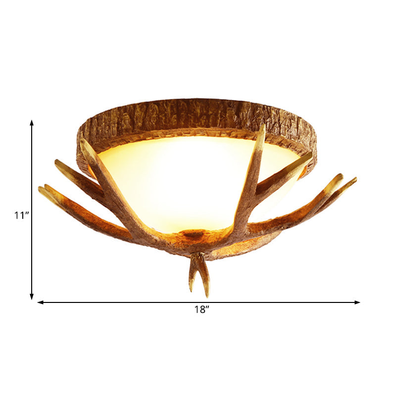 Elk Antler 3-Light Wood Brown Flush Mount Ceiling Fixture With Domed Glass Shade - Traditional