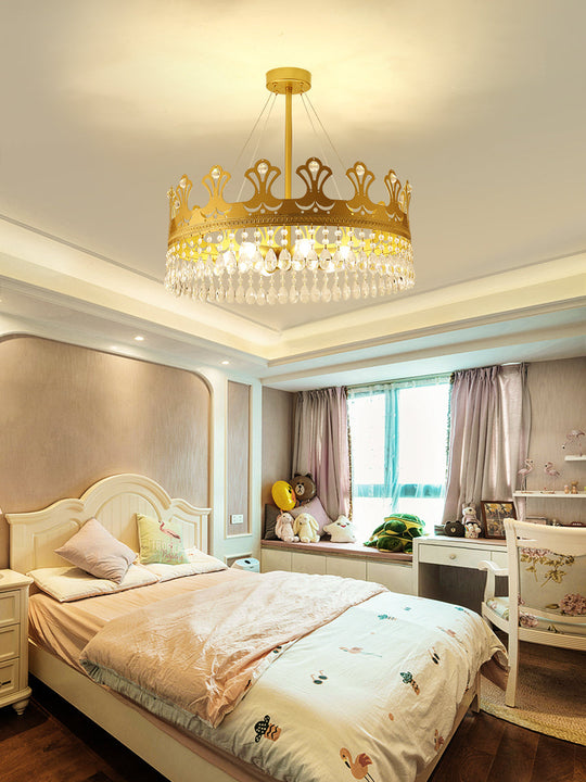 Elegant Brass Crown Chandelier Lamp Simplicity Metal Pendant Lighting With Crystal Drops For Bedroom