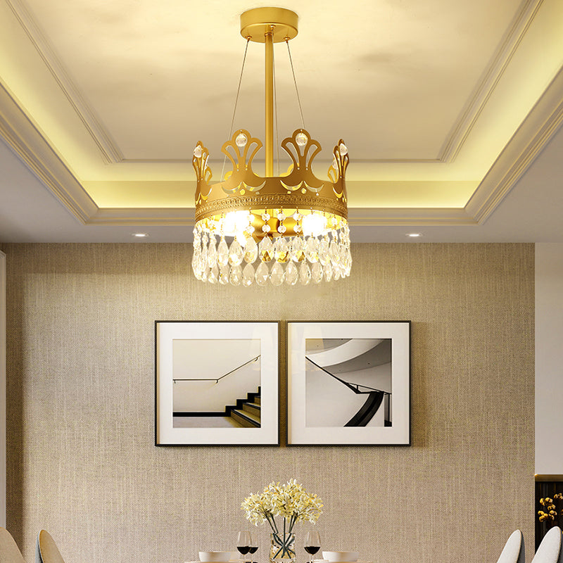 Elegant Brass Crown Chandelier Lamp Simplicity Metal Pendant Lighting With Crystal Drops For Bedroom
