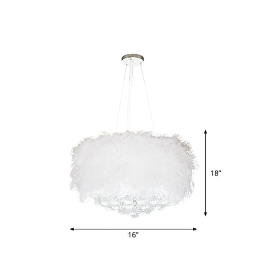 Minimalist Feather Drum Bedroom Pendant Chandelier Light In White With Crystal Orb - 3/9/11-Bulb