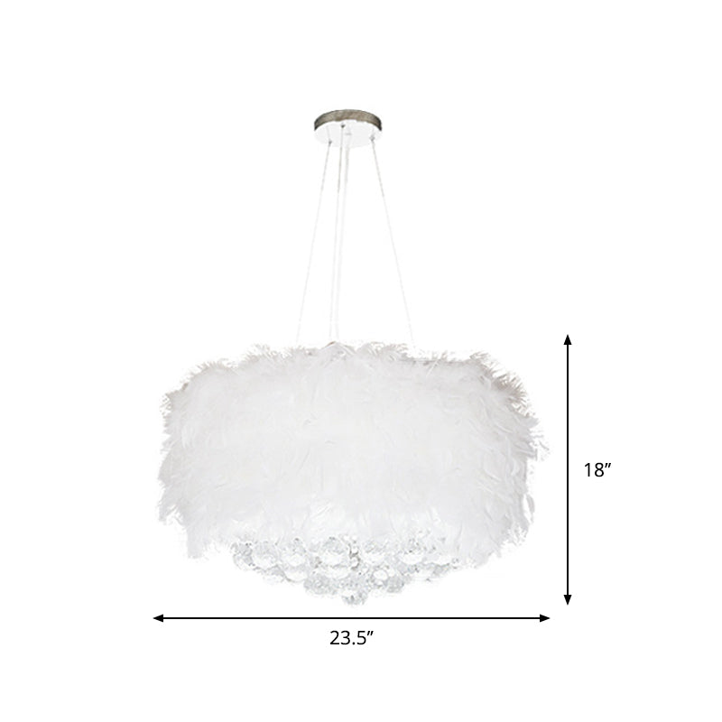 Minimalist Feather Drum Bedroom Pendant Chandelier Light In White With Crystal Orb - 3/9/11-Bulb