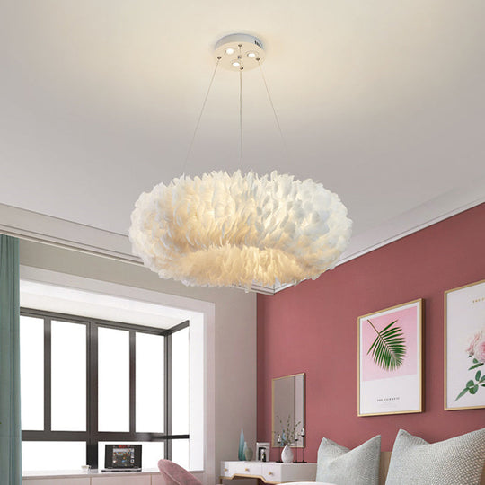 Sleek Circular Feather Suspension Pendant Light 19.5/27.5/31.5 Wide 8 Bulbs White Hanging Lamp /