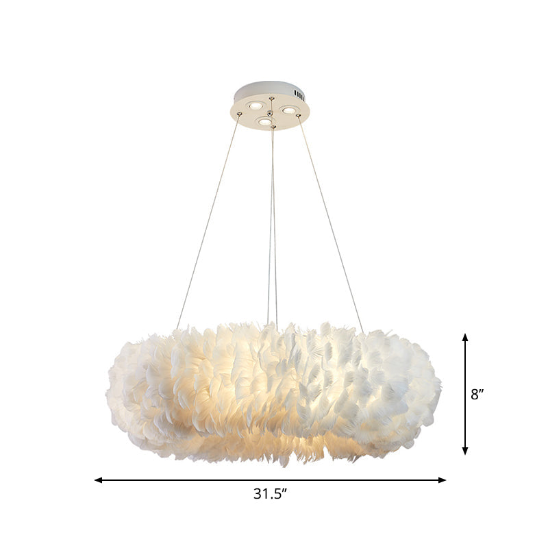 Sleek Circular Feather Suspension Pendant Light 19.5/27.5/31.5 Wide 8 Bulbs White Hanging Lamp