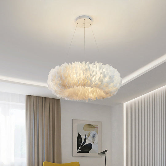 Sleek Circular Feather Suspension Pendant Light 19.5/27.5/31.5 Wide 8 Bulbs White Hanging Lamp