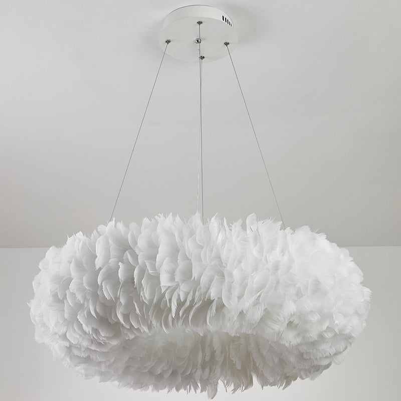 Sleek Circular Feather Suspension Pendant Light 19.5/27.5/31.5 Wide 8 Bulbs White Hanging Lamp