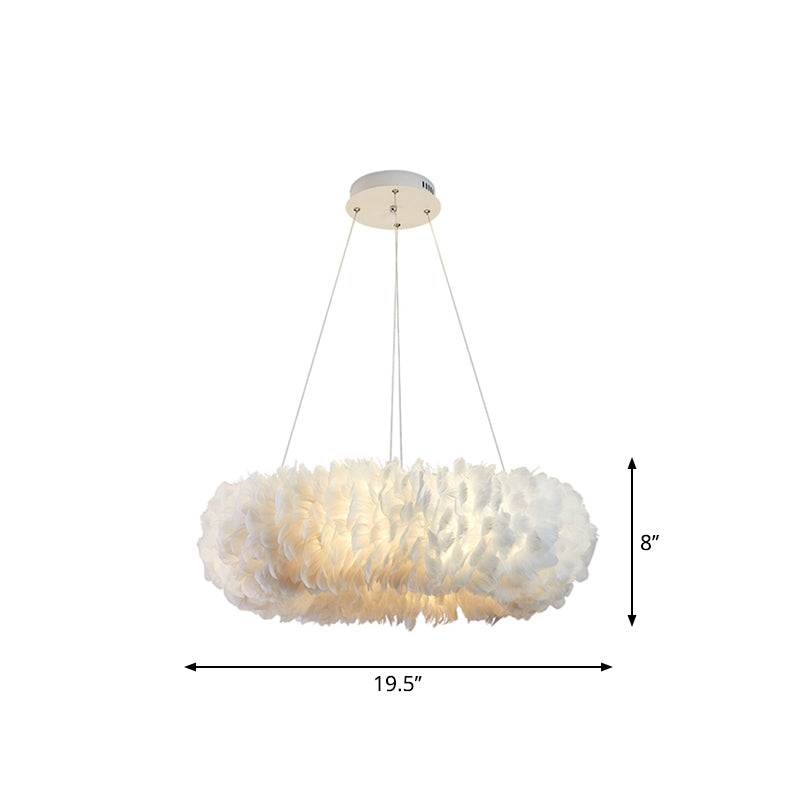 Sleek Circular Feather Suspension Pendant Light 19.5/27.5/31.5 Wide 8 Bulbs White Hanging Lamp