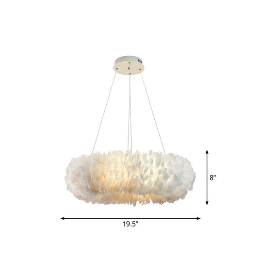 Sleek Circular Feather Suspension Pendant Light 19.5/27.5/31.5 Wide 8 Bulbs White Hanging Lamp