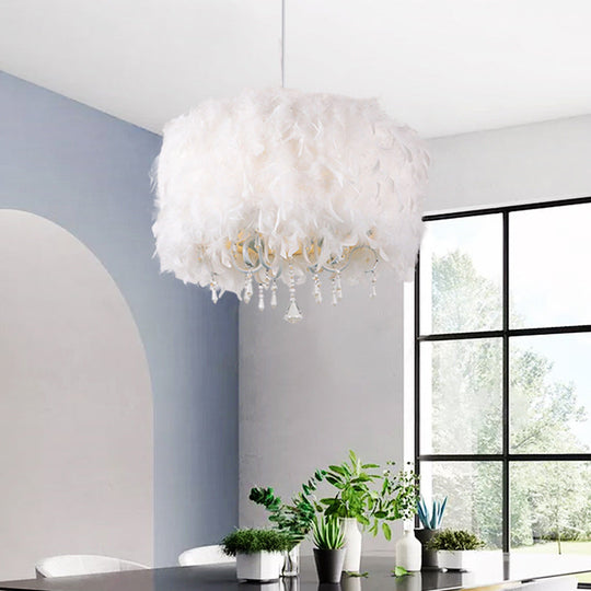 Nordic White Dining Room Chandelier - 5-Light Drum Feather Pendant With Crystal Accents