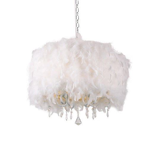 Nordic White Dining Room Chandelier - 5-Light Drum Feather Pendant With Crystal Accents